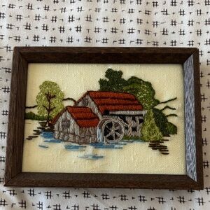 Vintage Embroidered mill w/creek and trees,natural background, wood frame, 8x6”